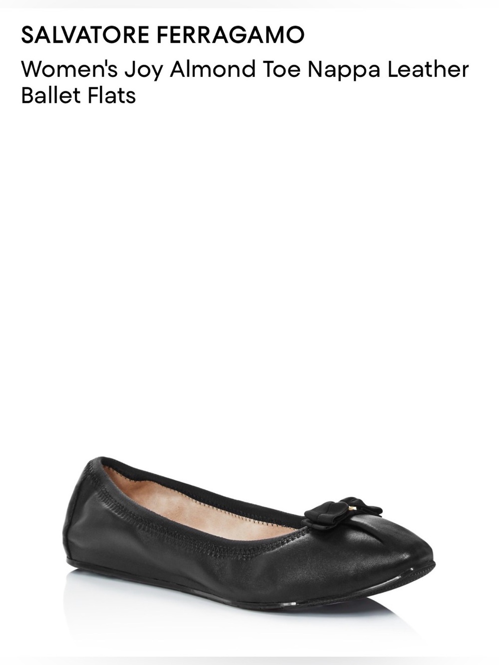 Salvatore Ferragamo Women’s Joy Almond Toe Napa Leather Ballet Flats. Nero.